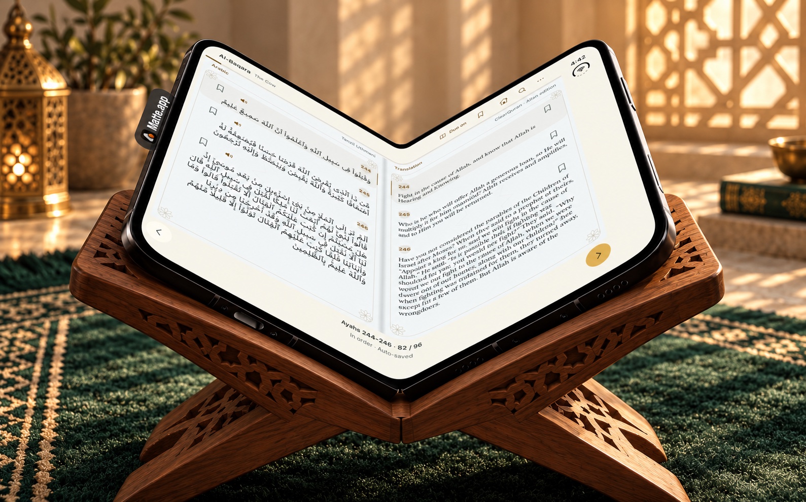 Concept scene of Quran Duo open in a deep V on an iPhone Duo, resting in a carved walnut rehal against a patterned green rug and warm window light. Arabic is shown on the left display and English translation on the right.