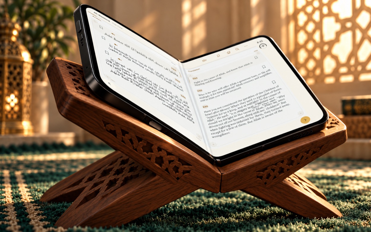 Asr concept scene: low side view of the open Quran Duo, showing the black device edge and the carved walnut rehal in afternoon light.