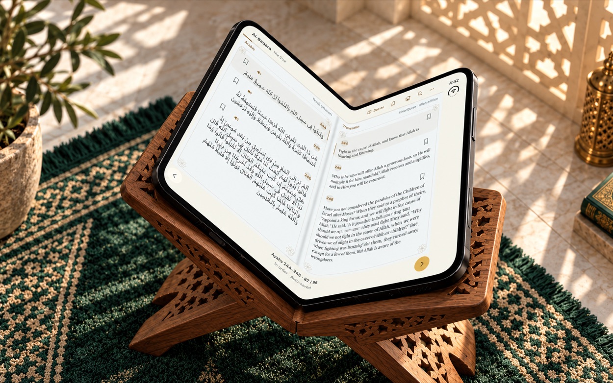 Dhuhr concept scene: an overhead diagonal view of Quran Duo open in a deep V on the carved walnut rehal, lit by bright patterned midday light.