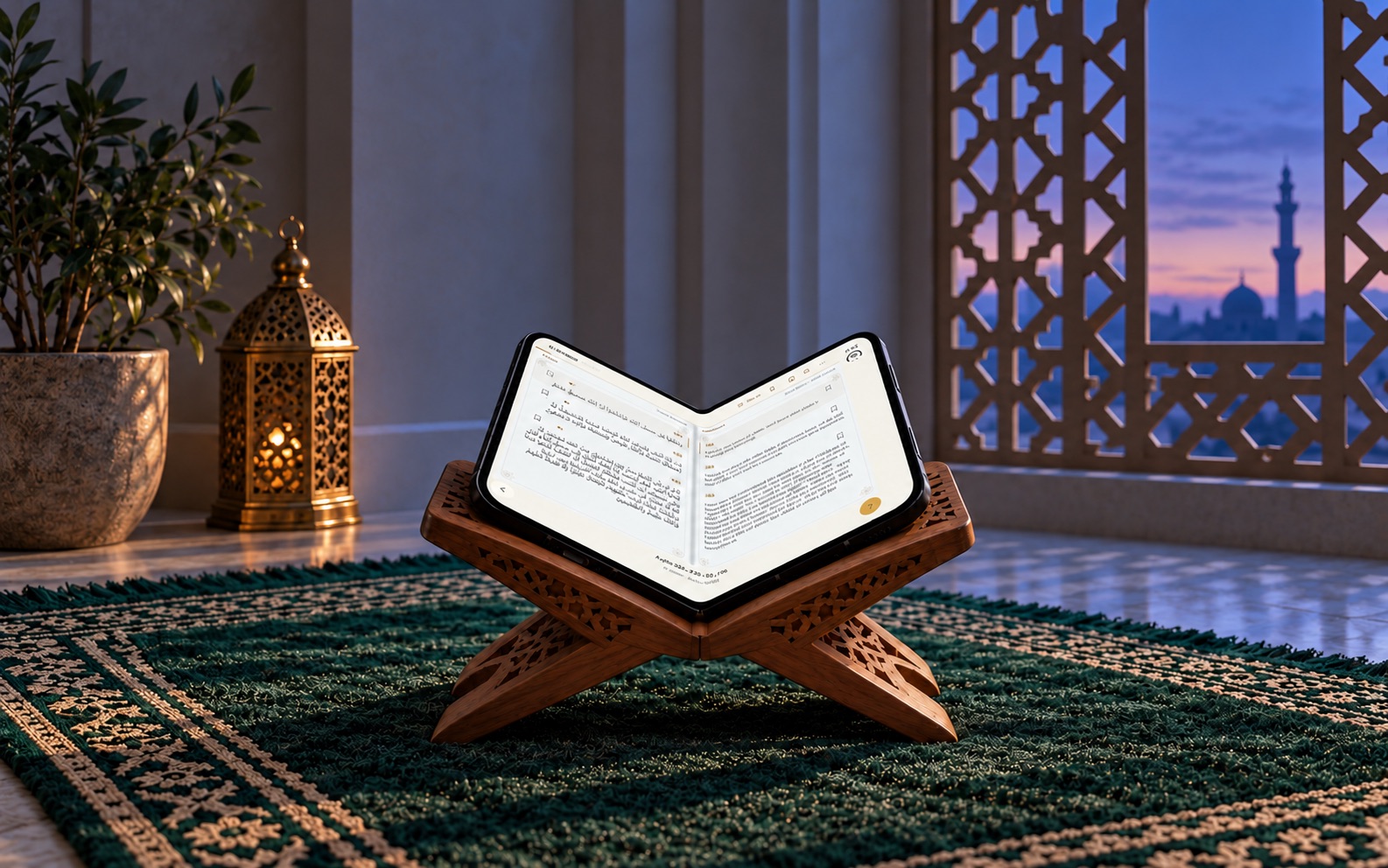 Predawn Fajr concept scene: the open iPhone Duo sits in a carved walnut rehal on an emerald prayer rug, with Arabic on the left and English on the right.