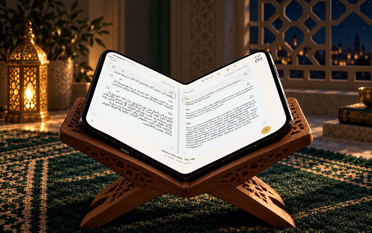 Isha concept scene: Quran Duo open in the walnut rehal at night, with an ivory bilingual reader and a lit brass lantern.