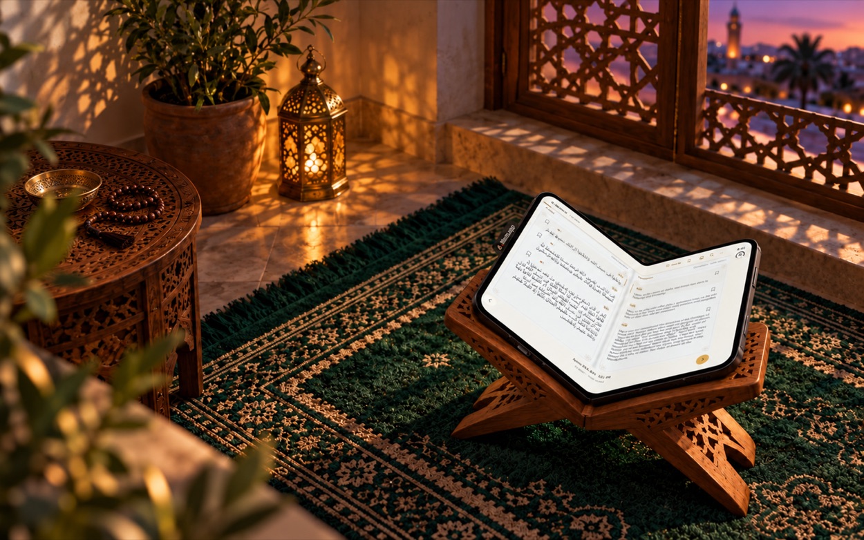Maghrib concept scene: a view across the prayer room toward the open Quran Duo in the walnut rehal, with warm lantern light and purple twilight.