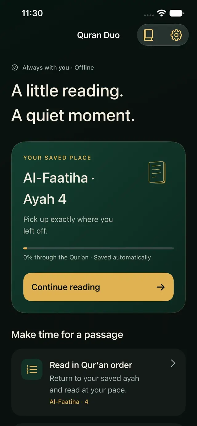 Actual Quran Duo home screen with a saved Al-Faatiha ayah and a Continue reading button.