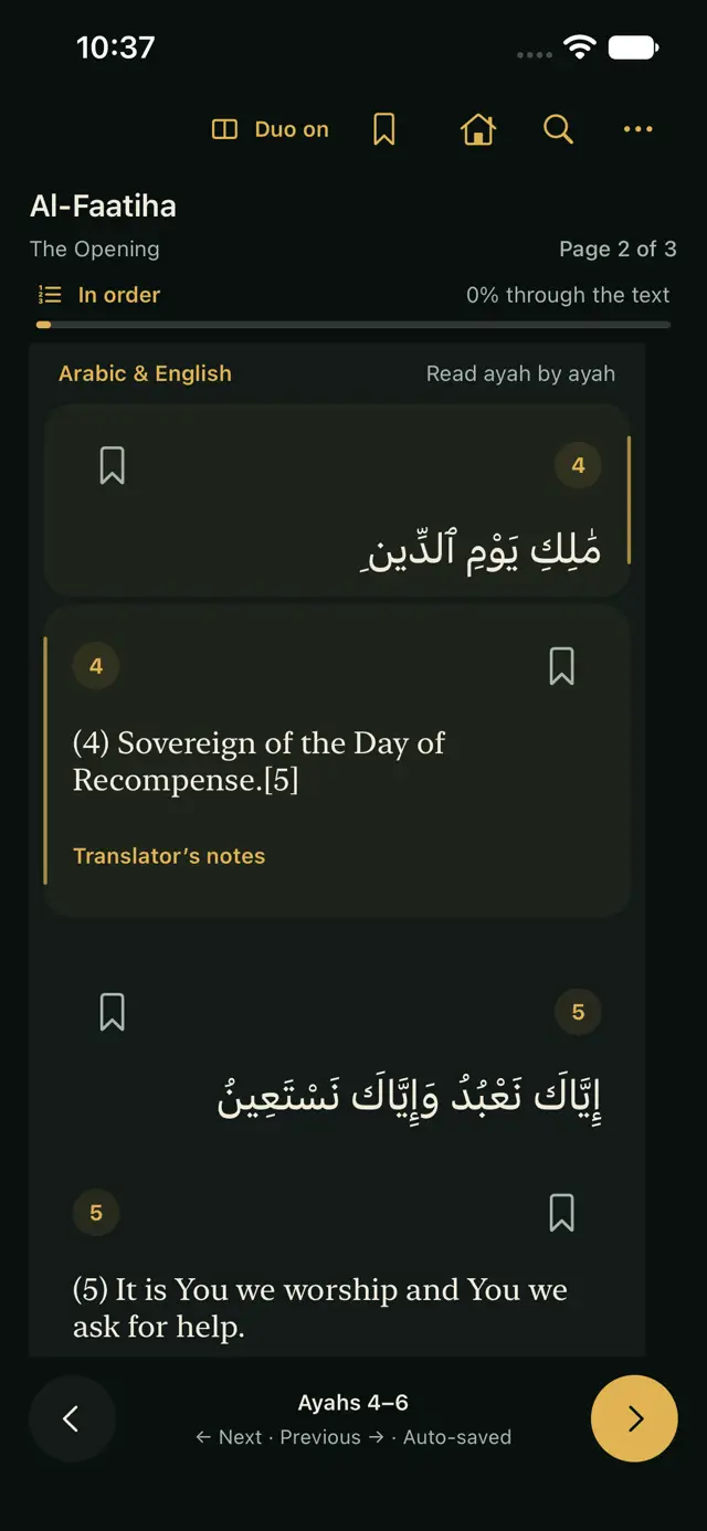 Actual Quran Duo iPhone reader with Arabic and English ayah 4 aligned, bookmark controls, and page navigation.