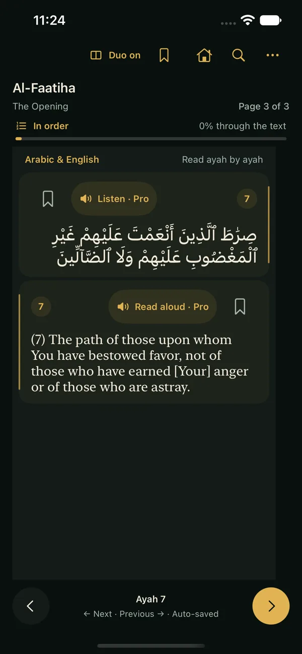 Actual Quran Duo iPhone reader showing Arabic ayah text alongside its English translation.
